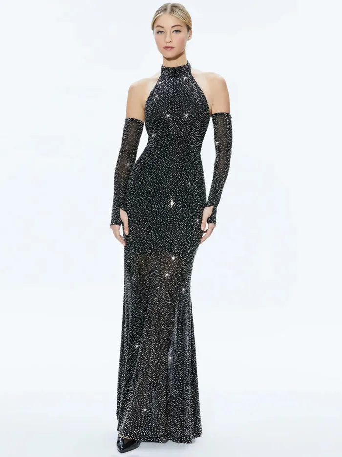 Womens Dresses Alice Olivia Fabiola Embellished Halter Neck Gown Blackgunmetal