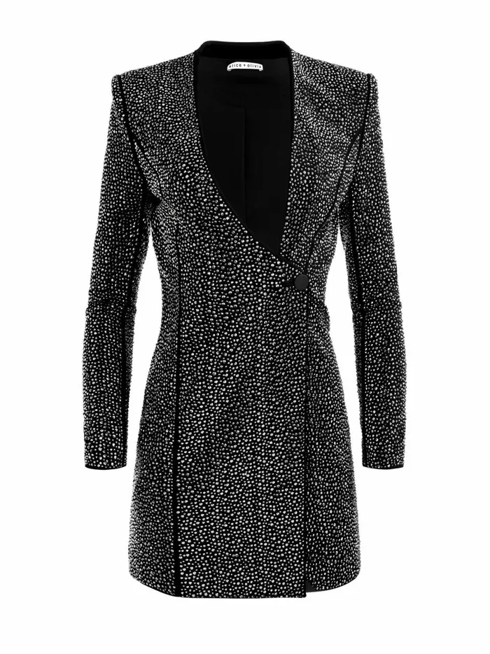 Womens Dresses Alice Olivia Guenda Embellished Curved Neckline Blazer Dress Blackgunmetal