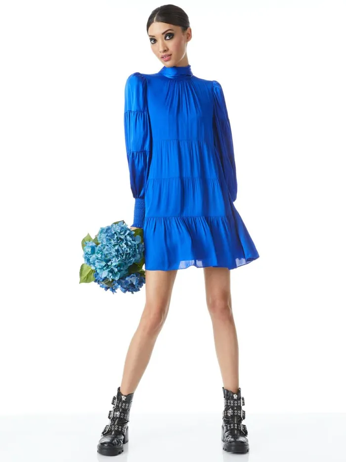 Womens Dresses Alice Olivia Karena Bow Neck Tiered Babydoll Dress Royalty