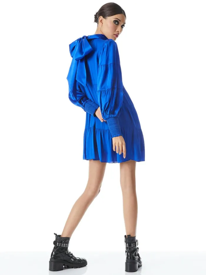 Womens Dresses Alice Olivia Karena Bow Neck Tiered Babydoll Dress Royalty