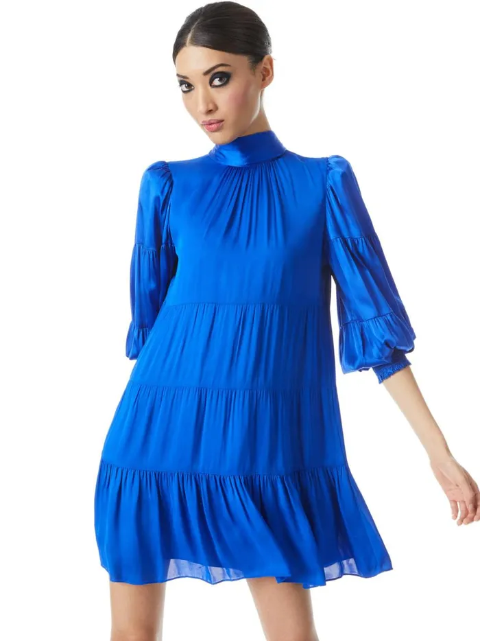 Womens Dresses Alice Olivia Karena Bow Neck Tiered Babydoll Dress Royalty