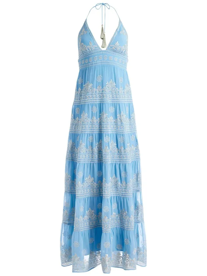 Womens Dresses Alice Olivia Karolina Embroidered Halter Neck Maxi Dress Oxford Bluesilver