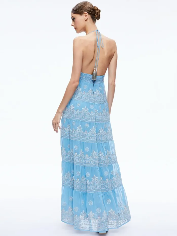 Womens Dresses Alice Olivia Karolina Embroidered Halter Neck Maxi Dress Oxford Bluesilver