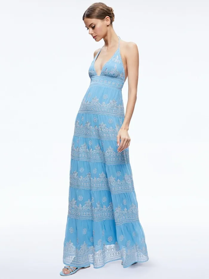 Womens Dresses Alice Olivia Karolina Embroidered Halter Neck Maxi Dress Oxford Bluesilver