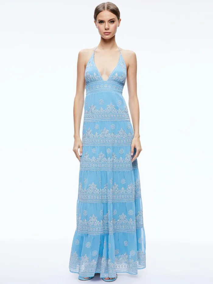 Womens Dresses Alice Olivia Karolina Embroidered Halter Neck Maxi Dress Oxford Bluesilver
