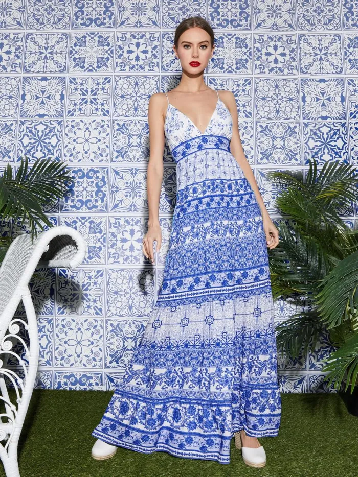 Womens Dresses Alice Olivia Karolina Tie Back Maxi Dress Greek Tile