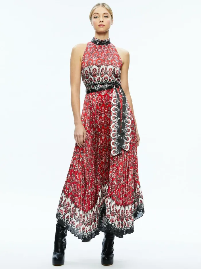 Womens Dresses Alice Olivia Mertie Mock Neck Pleated Maxi Dress Allure Medallion