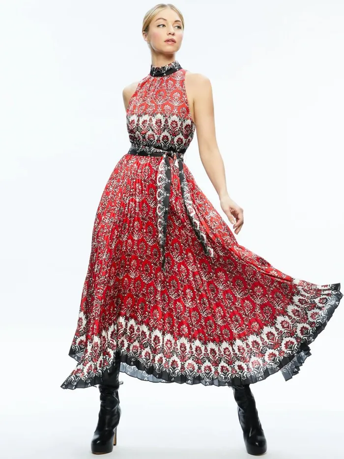 Womens Dresses Alice Olivia Mertie Mock Neck Pleated Maxi Dress Allure Medallion