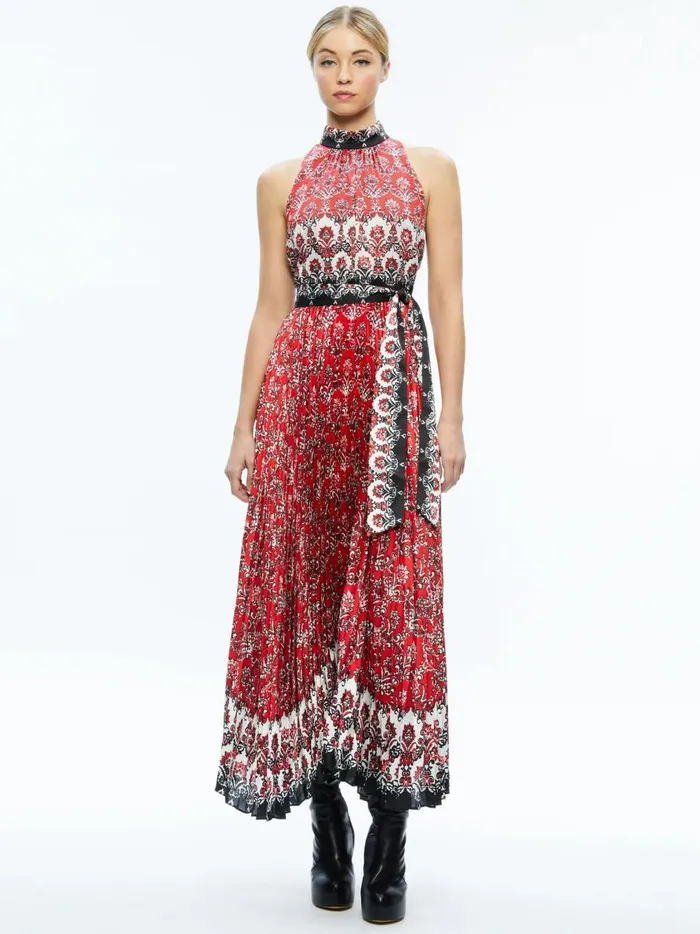 Womens Dresses Alice Olivia Mertie Mock Neck Pleated Maxi Dress Allure Medallion