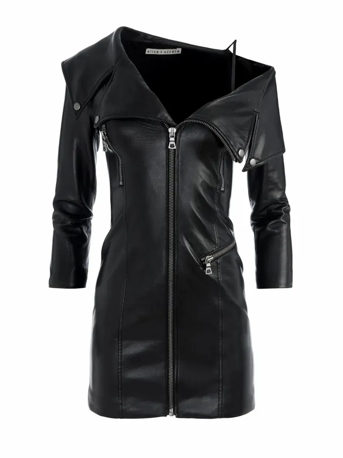 Womens Dresses Alice Olivia Miara Vegan Leather Moto Dress Black