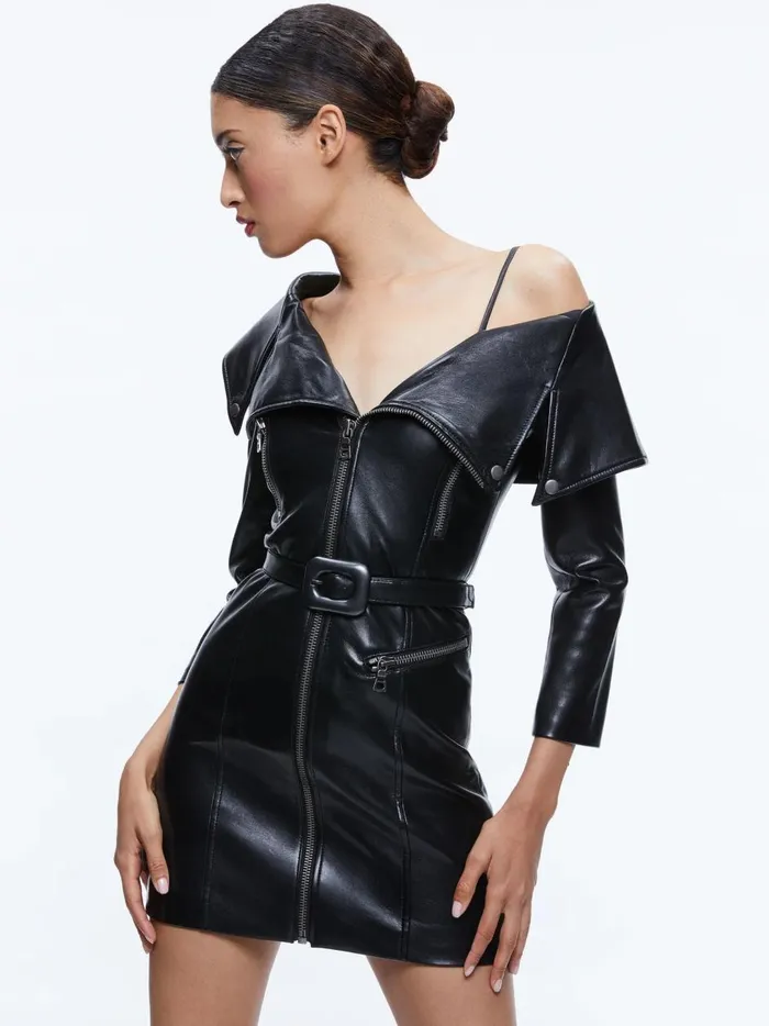 Womens Dresses Alice Olivia Miara Vegan Leather Moto Dress Black