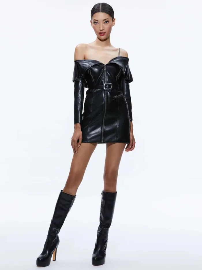 Womens Dresses Alice Olivia Miara Vegan Leather Moto Dress Black
