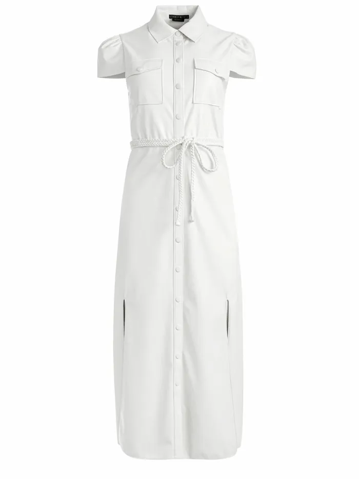 Womens Dresses Alice Olivia Miranda Short Sleeve Vegan Leather Midi Dress Ecru