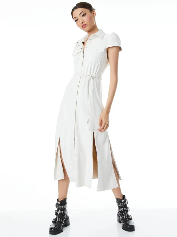 Womens Dresses Alice Olivia Miranda Short Sleeve Vegan Leather Midi Dress Ecru