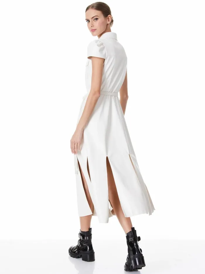 Womens Dresses Alice Olivia Miranda Short Sleeve Vegan Leather Midi Dress Ecru