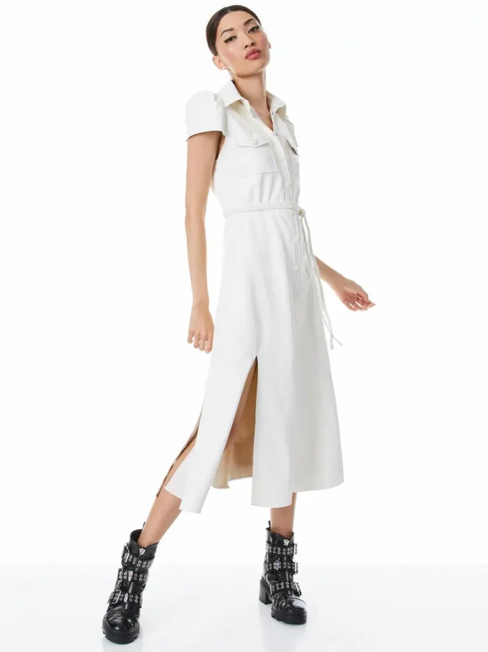 Womens Dresses Alice Olivia Miranda Short Sleeve Vegan Leather Midi Dress Ecru