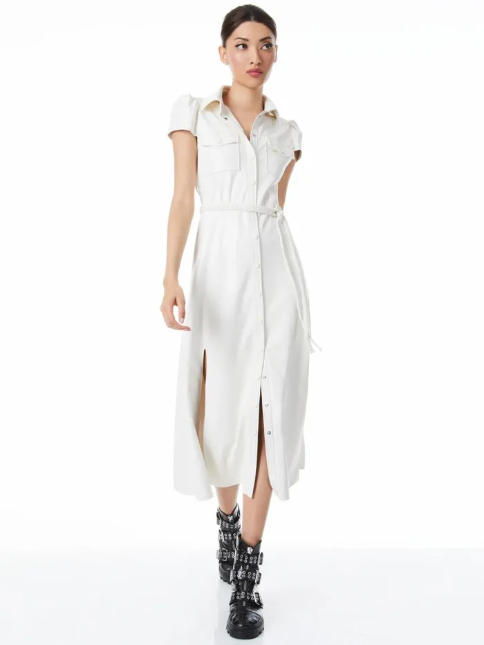 Womens Dresses Alice Olivia Miranda Short Sleeve Vegan Leather Midi Dress Ecru