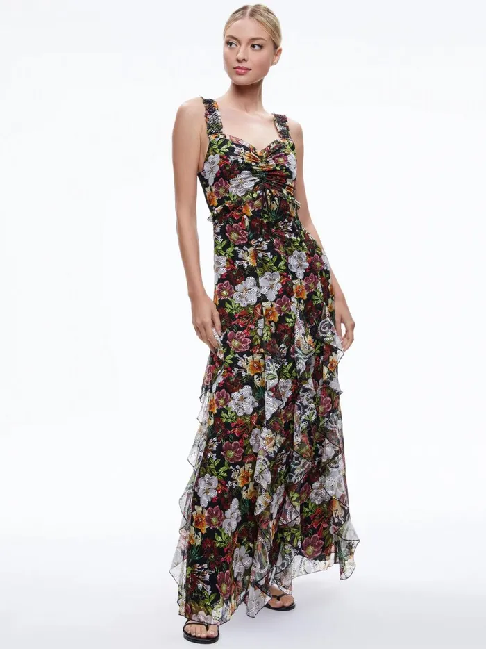 Womens Dresses Alice Olivia Rue Godet Maxi Dress Juniper Floral Black