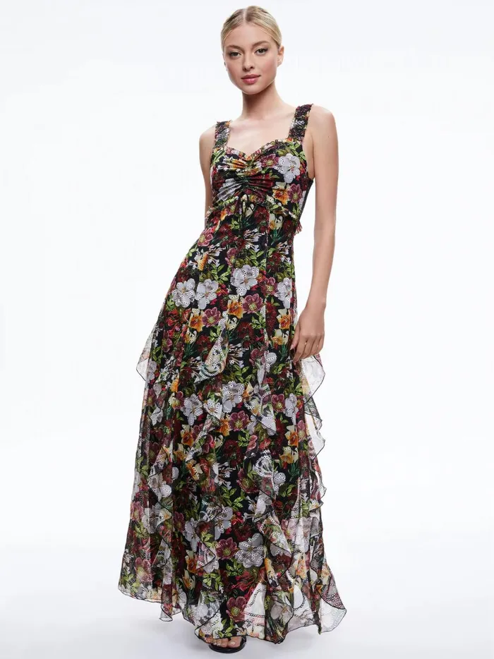 Womens Dresses Alice Olivia Rue Godet Maxi Dress Juniper Floral Black