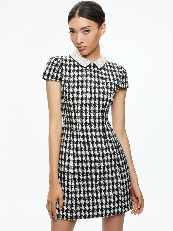 Womens Dresses Alice Olivia Velia Tweed Embellished Collar Mini Dress Blackoff White