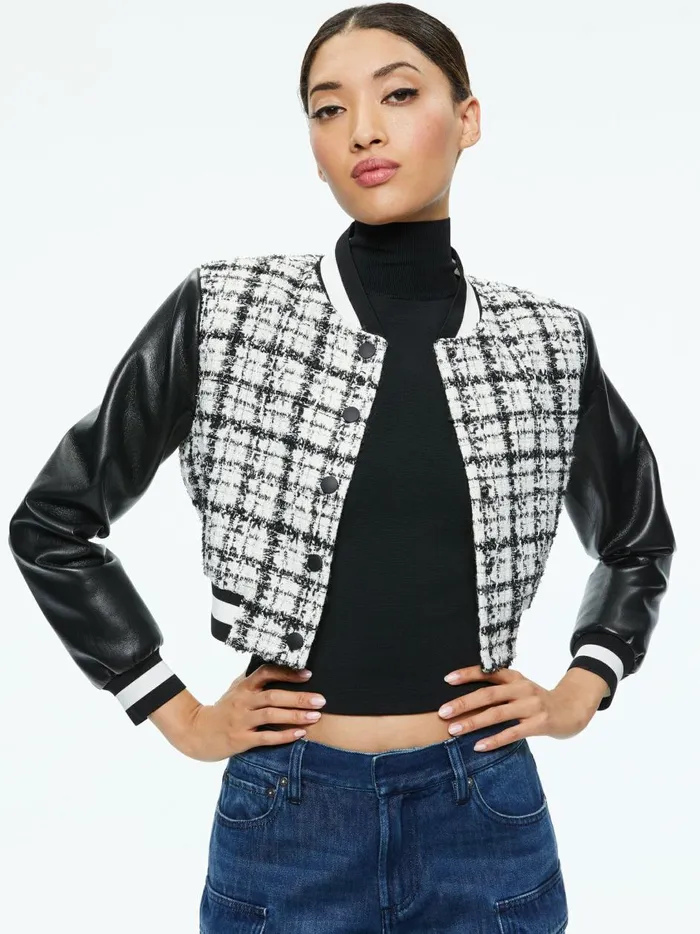 Womens Jackets Coats Alice Olivia Camelia Cropped Combination Varsity Jacket Off Whiteblack