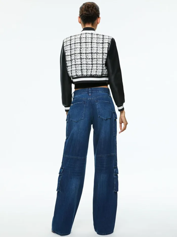 Womens Jackets Coats Alice Olivia Camelia Cropped Combination Varsity Jacket Off Whiteblack