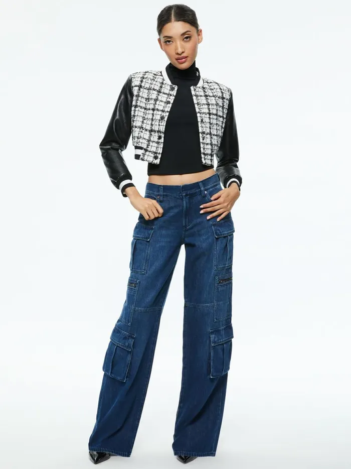 Womens Jackets Coats Alice Olivia Camelia Cropped Combination Varsity Jacket Off Whiteblack