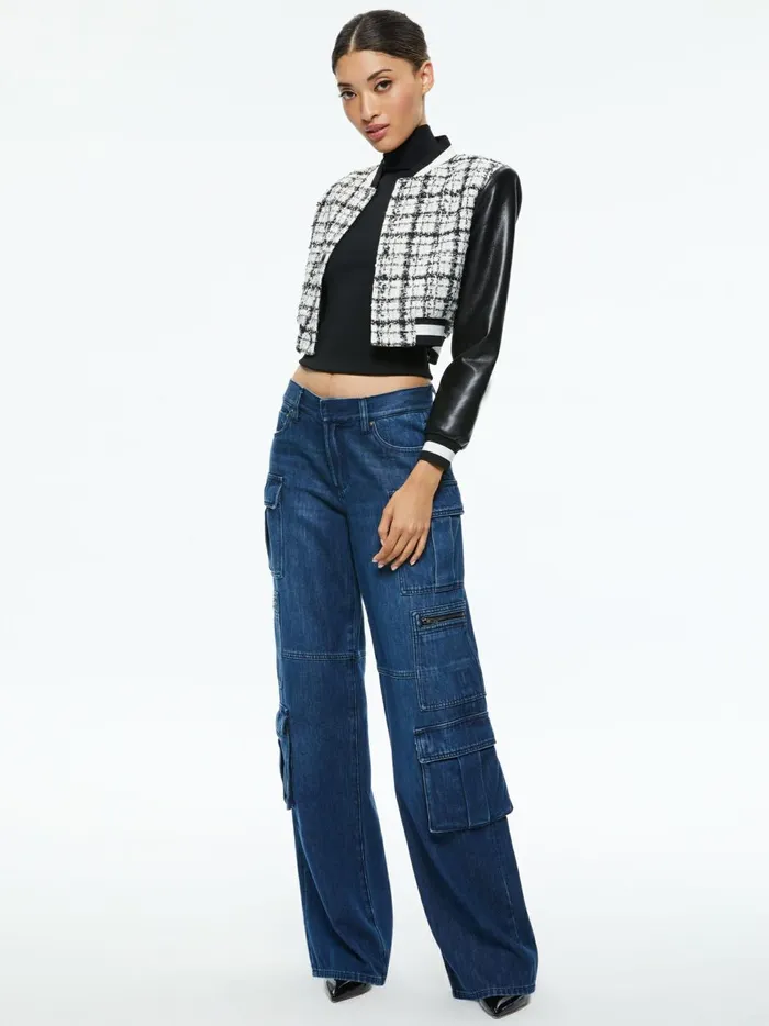 Womens Jackets Coats Alice Olivia Camelia Cropped Combination Varsity Jacket Off Whiteblack
