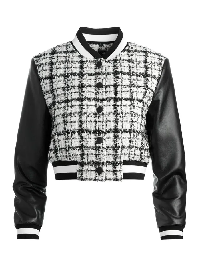 Womens Jackets Coats Alice Olivia Camelia Cropped Combination Varsity Jacket Off Whiteblack
