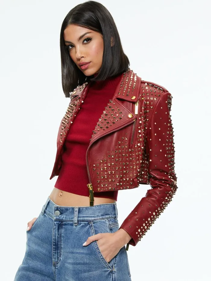 Womens Jackets Coats Alice Olivia Krishna Leather Cropped Moto Jacket Bordeaux