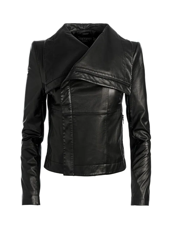 Womens Jackets Coats Alice Olivia Nita Leather Drape Front Jacket Black