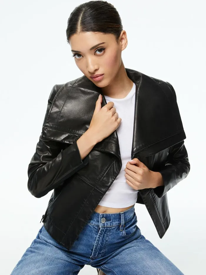 Womens Jackets Coats Alice Olivia Nita Leather Drape Front Jacket Black
