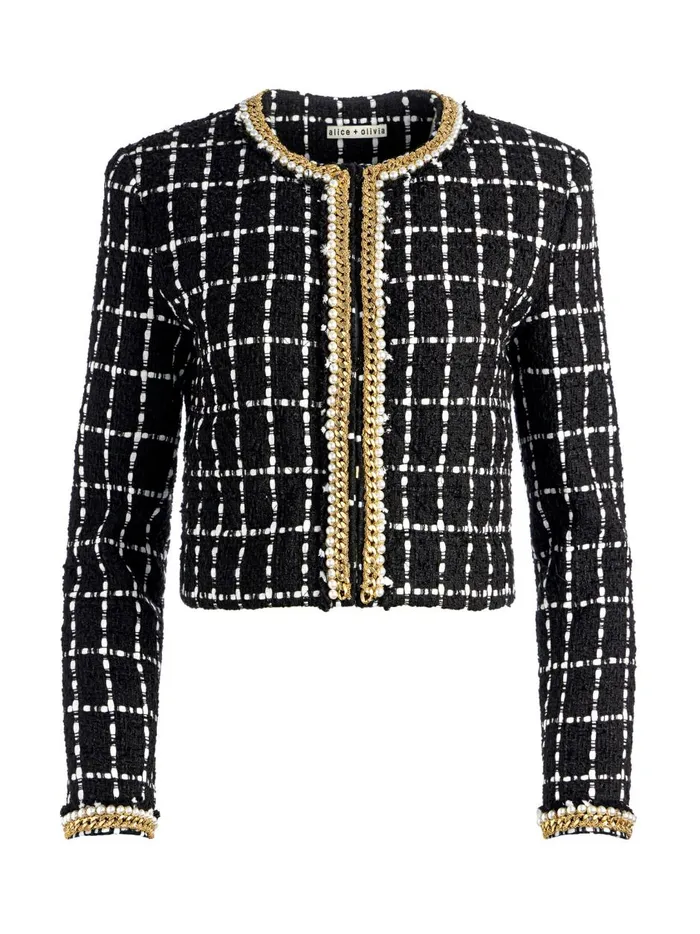 Womens Jackets Coats Alice Olivia Sabina Chain Trim Tweed Jacket Blackecru