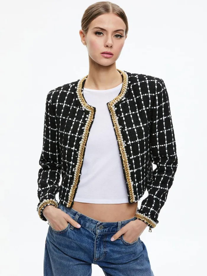 Womens Jackets Coats Alice Olivia Sabina Chain Trim Tweed Jacket Blackecru