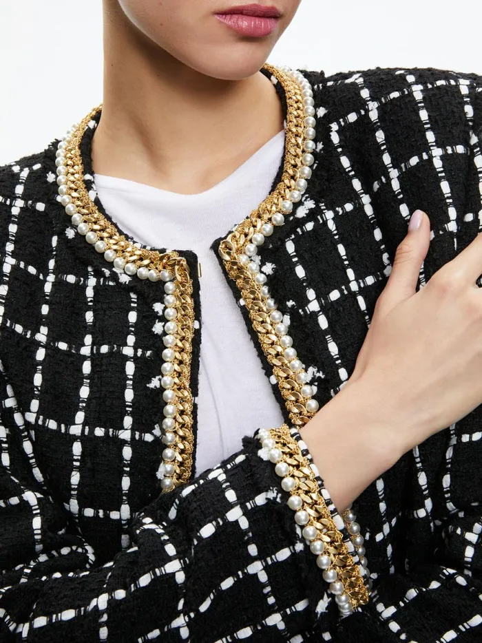 Womens Jackets Coats Alice Olivia Sabina Chain Trim Tweed Jacket Blackecru