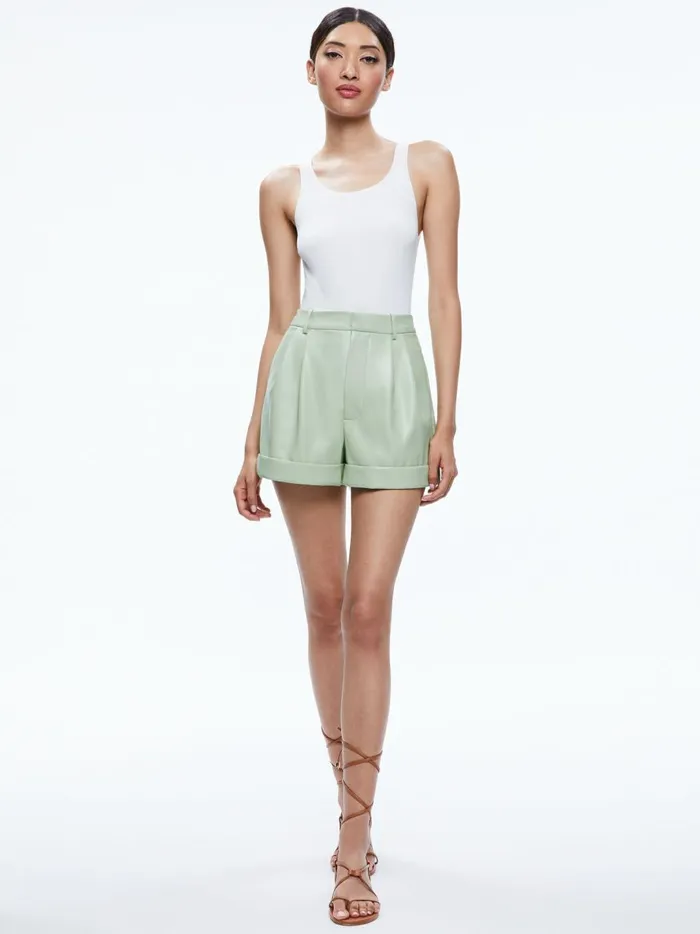 Womens Shorts Alice Olivia Conry Vegan Leather Pleated Cuff Short Green Tea