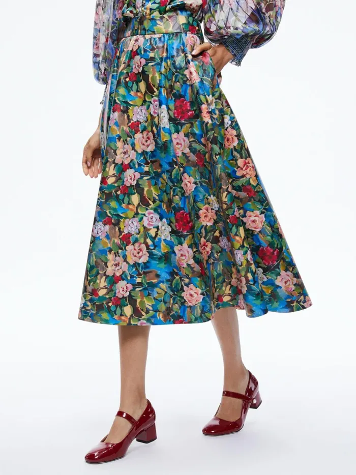 Womens Skirts Alice Olivia Earla Vegan Leather Flare Skirt Breeze Floral
