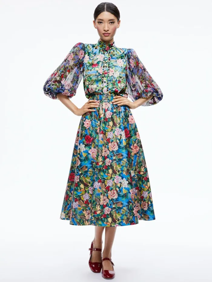 Womens Skirts Alice Olivia Earla Vegan Leather Flare Skirt Breeze Floral