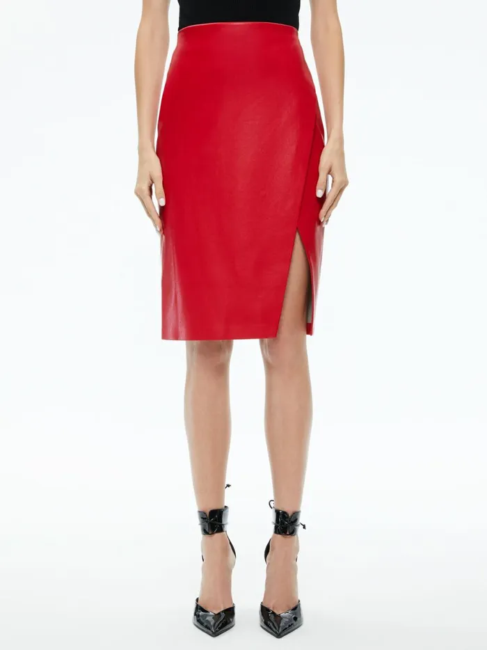 Womens Skirts Alice Olivia Siobhan Vegan Leather Midi Skirt Perfect Ruby