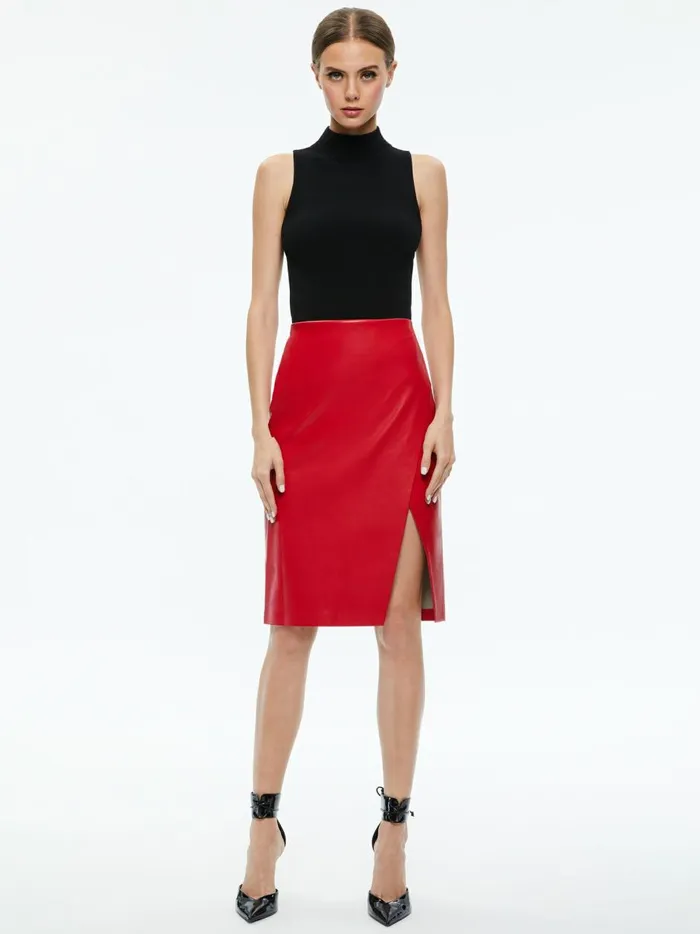 Womens Skirts Alice Olivia Siobhan Vegan Leather Midi Skirt Perfect Ruby