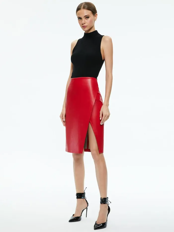 Womens Skirts Alice Olivia Siobhan Vegan Leather Midi Skirt Perfect Ruby