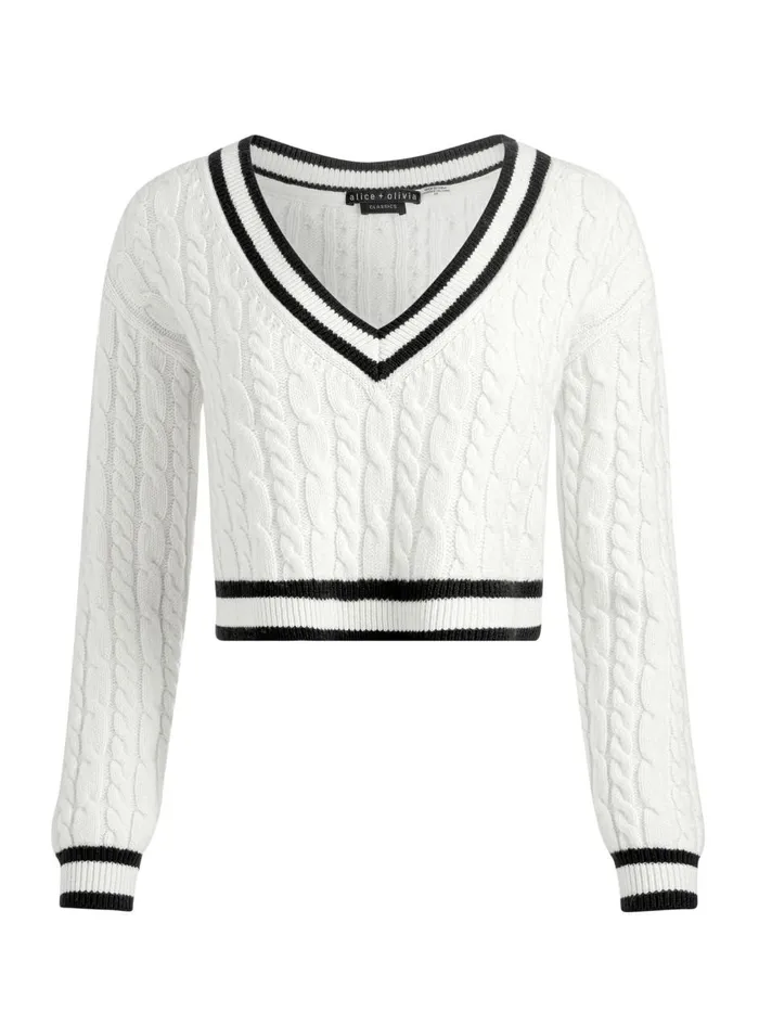 Womens Sweaters Alice Olivia Ayden Cropped VNeck Pullover Ecrublack