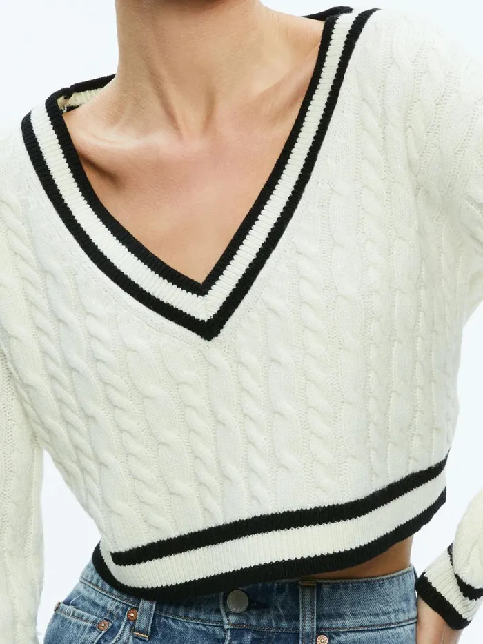 Womens Sweaters Alice Olivia Ayden Cropped VNeck Pullover Ecrublack