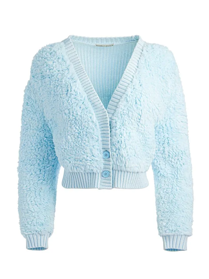 Womens Sweaters Alice Olivia Casilda Faux Fur Cropped Cardigan Light Ice