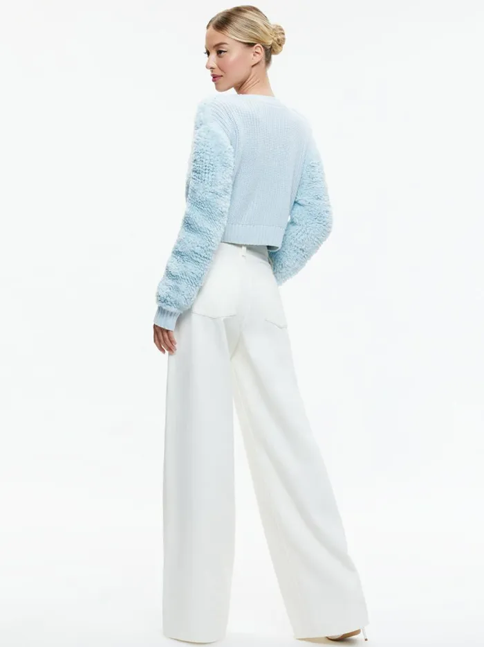 Womens Sweaters Alice Olivia Casilda Faux Fur Cropped Cardigan Light Ice