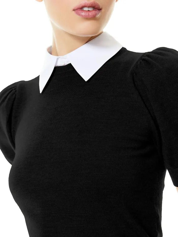 Womens Sweaters Alice Olivia Chase Puff Sleeve Sweater With Collar Blackwhite