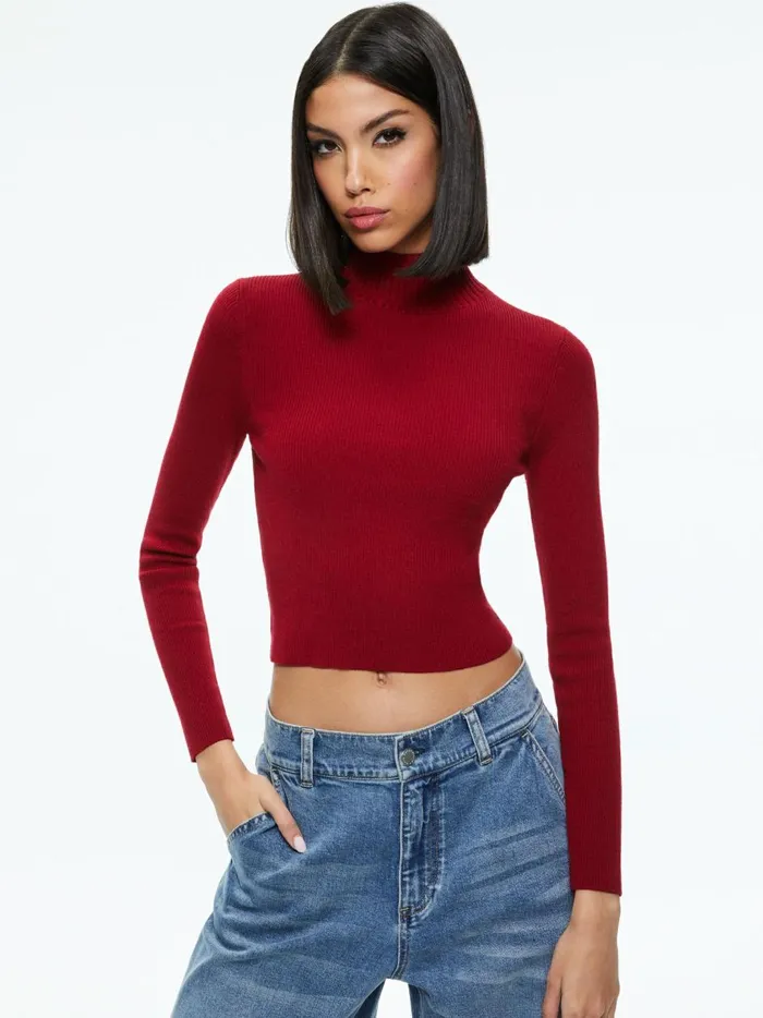 Womens Sweaters Alice Olivia Senaida Cropped Mock Neck Pullover Bordeaux