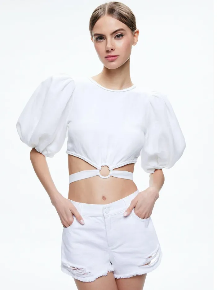 Womens Tops Alice Olivia Colette Tie Puff Sleeve Crop Top White