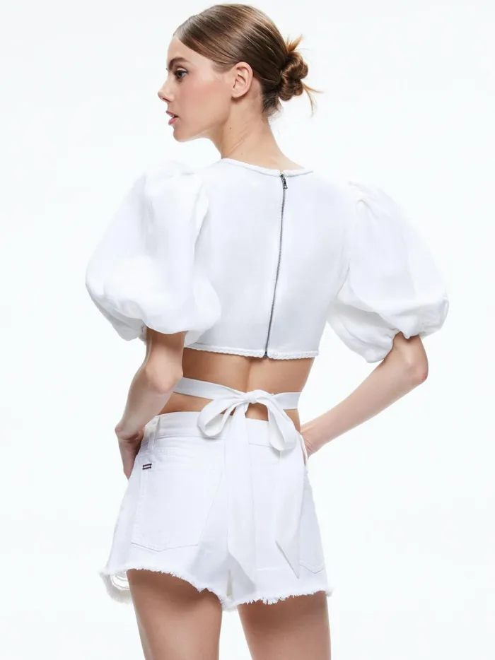 Womens Tops Alice Olivia Colette Tie Puff Sleeve Crop Top White