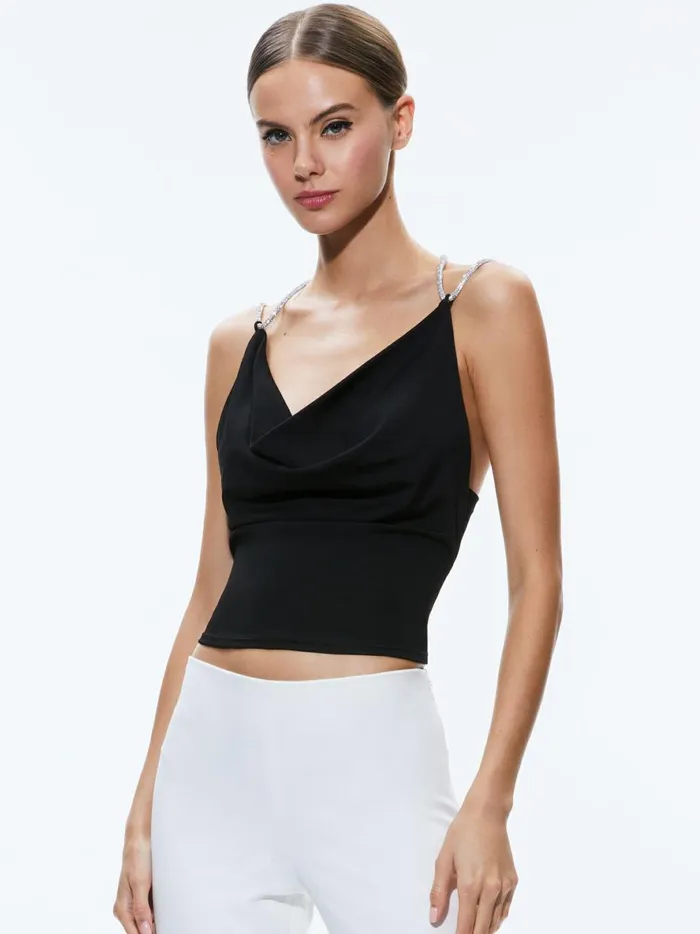 Womens Tops Alice Olivia Coral Crystal Strap Cowl Neck Top Black